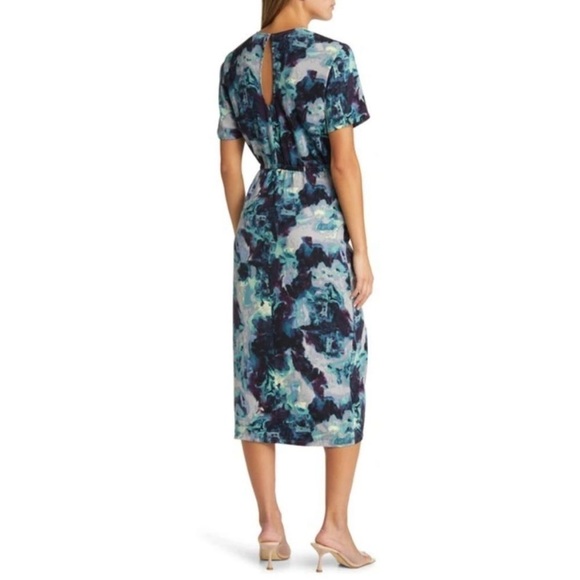 Open Edit Ruched Detail Midi Dress in Grey Blue Tie Dye Swirl Sz S - Picture 3 of 15